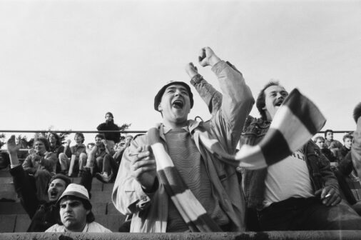 Celebrating fans of 1. FC Union, 1988, Koepenick, Berlin, GDR, Germany, Europe