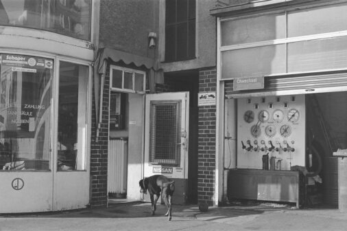 Entrance of a car workshop, Berlin, 1990, GDR, Germany, Europe