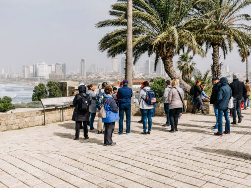 Tourists at a viewing point in Old Jaffa overlooking the Tel Aviv skyline, 2019, Old Jaffa, Tel Aviv-Jaffa, Israel, Asia