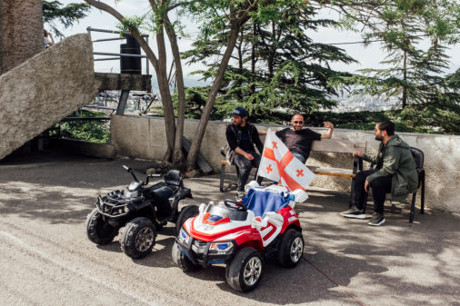 Georgian flag on a toy car in Tbilisi, 2019, Tbilisi, Georgia, Europe