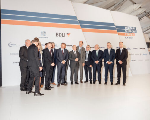 Chancellor Olaf Scholz (SPD) at a photo opportunity with the board members of various armaments and aviation companies during the opening of the ILA, 2022, Berlin, Germany, Europe