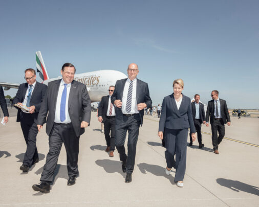 Berlin's Governing Mayor Franziska Giffey (SPD) and Brandenburg's Prime Minister Dietmar Woidke (SPD) after inspecting an Emirates Airbus A380, during the ILA 2022, 2022, Berlin, Germany, Europe