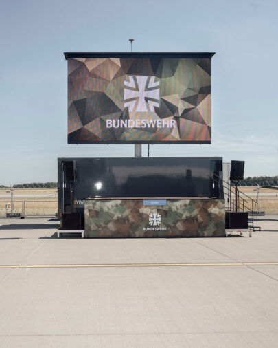 Advertising films for the Bundeswehr are shown on a large-format LED wall. The Bundeswehr is massively recruiting new personnel at the ILA, 2022, Berlin, Germany, Europe